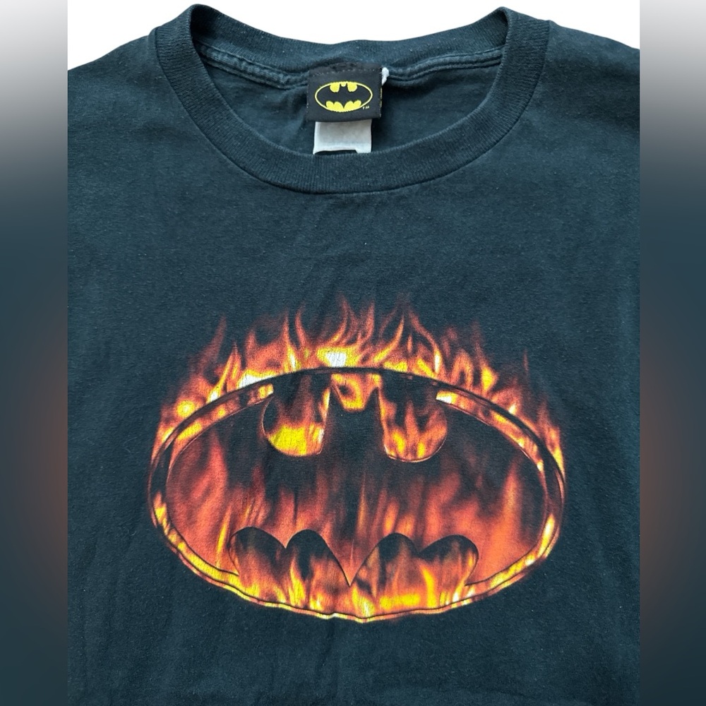 Vintage Y2K Batman‎ Black T-Shirt Men’s Size Large Flame Batman Logo DC Comics